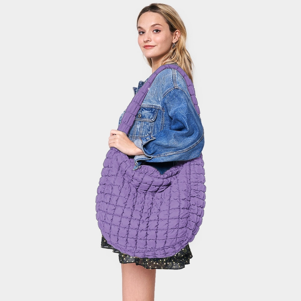 Purple Puffer Hobo Bag Purse Quilted Shoulder Womens Fashion Accessory Crossbody